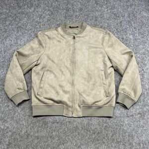 Zara Jacket Mens XL Beige Faux Suede Bomber Full Zip Lined Pockets Casual